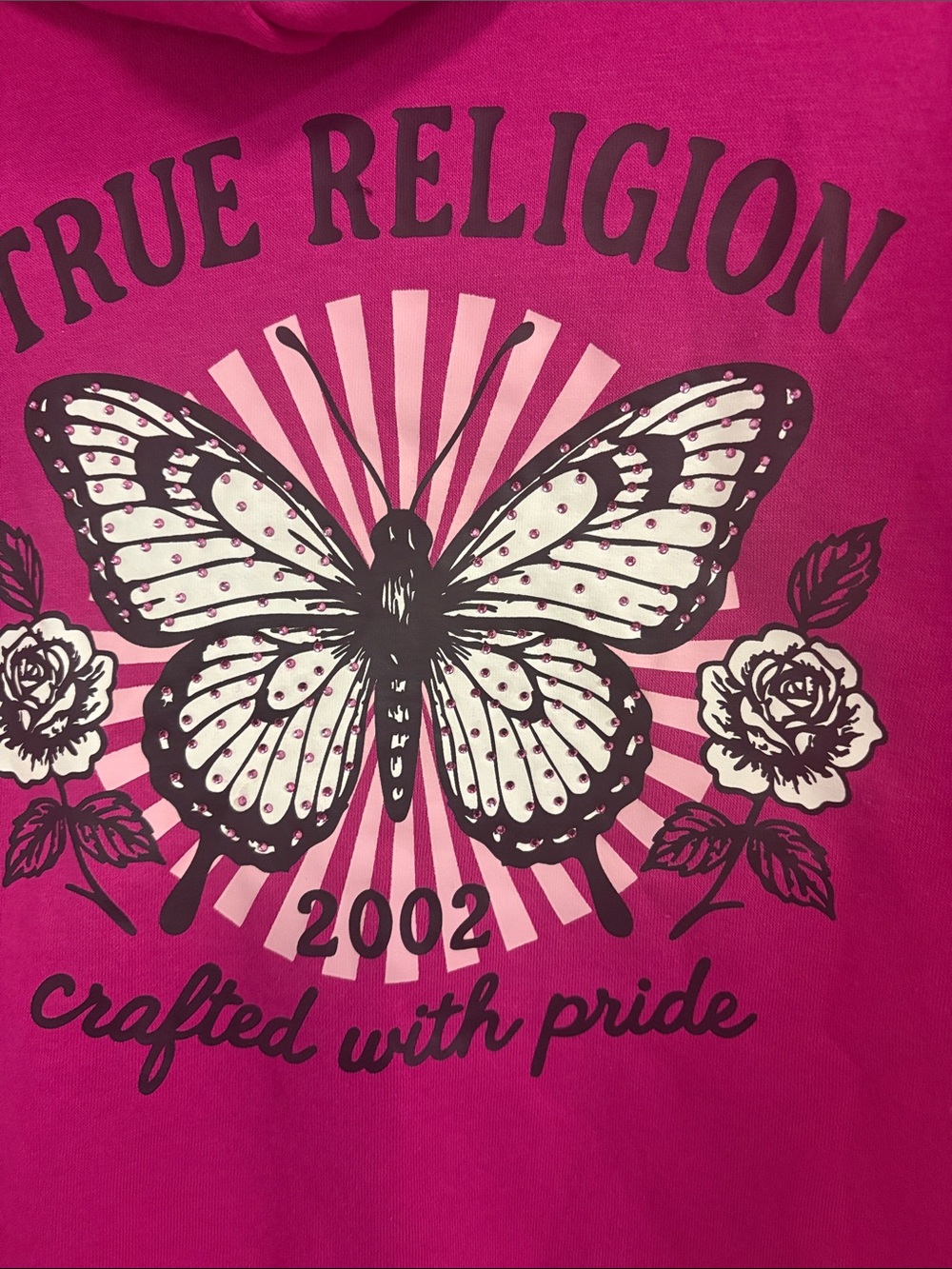 NWT True Religion Hot Pink Butterfly Bling Graphic Hoodie